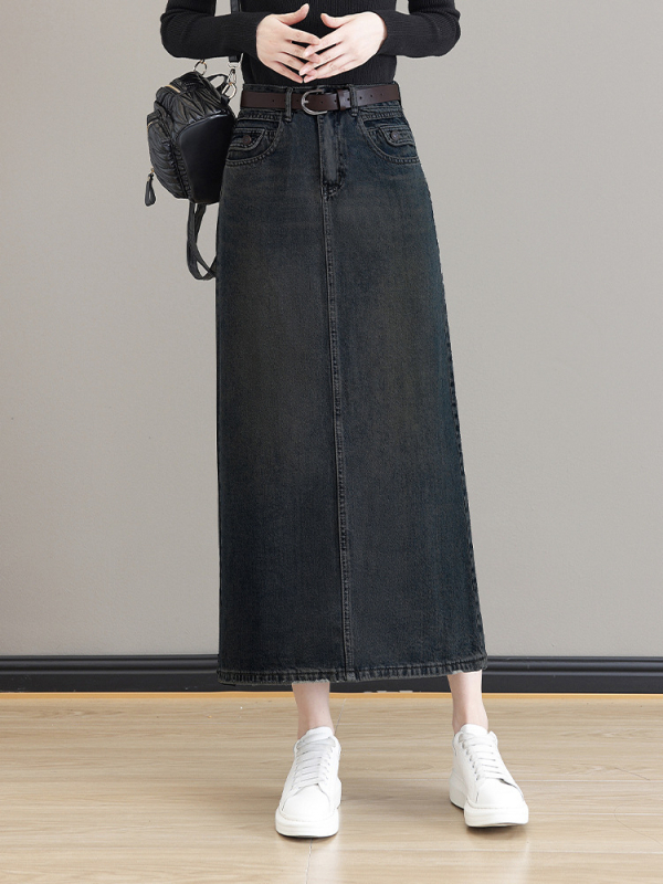 Γυναικεία φούστα τζιν μίντι με επένδυση φλίς, υψηλή μέση, Α-γραμμή, μεσαίου μήκους, μπροστινό σχίσιμο