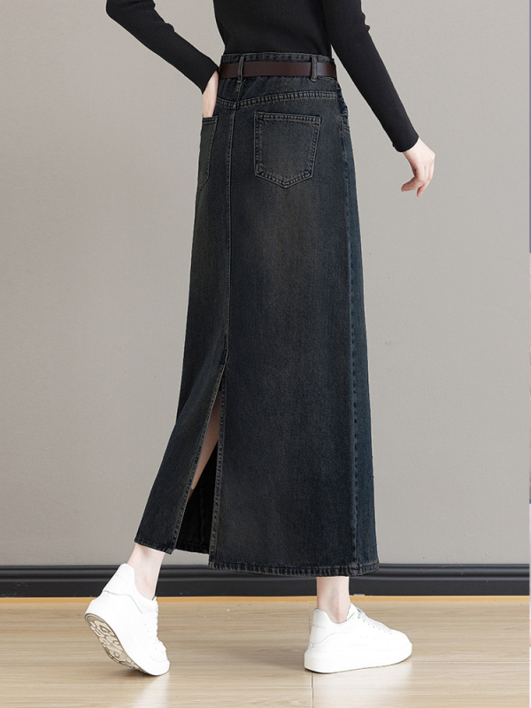 Γυναικεία φούστα τζιν μίντι με επένδυση φλίς, υψηλή μέση, Α-γραμμή, μεσαίου μήκους, μπροστινό σχίσιμο