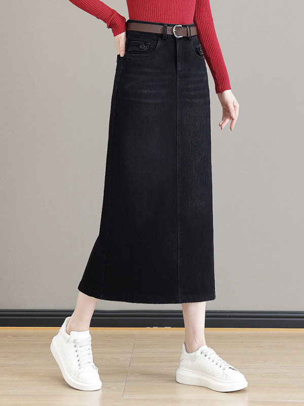 Γυναικεία φούστα τζιν μίντι με επένδυση φλίς, υψηλή μέση, Α-γραμμή, μεσαίου μήκους, μπροστινό σχίσιμο