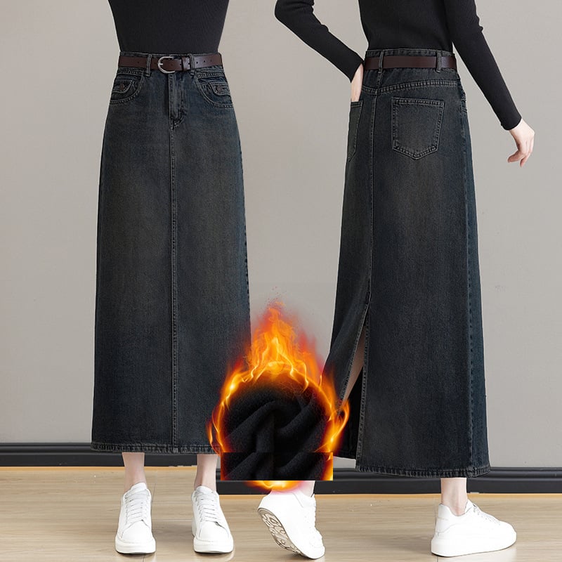 Γυναικεία φούστα τζιν μίντι με επένδυση φλίς, υψηλή μέση, Α-γραμμή, μεσαίου μήκους, μπροστινό σχίσιμο