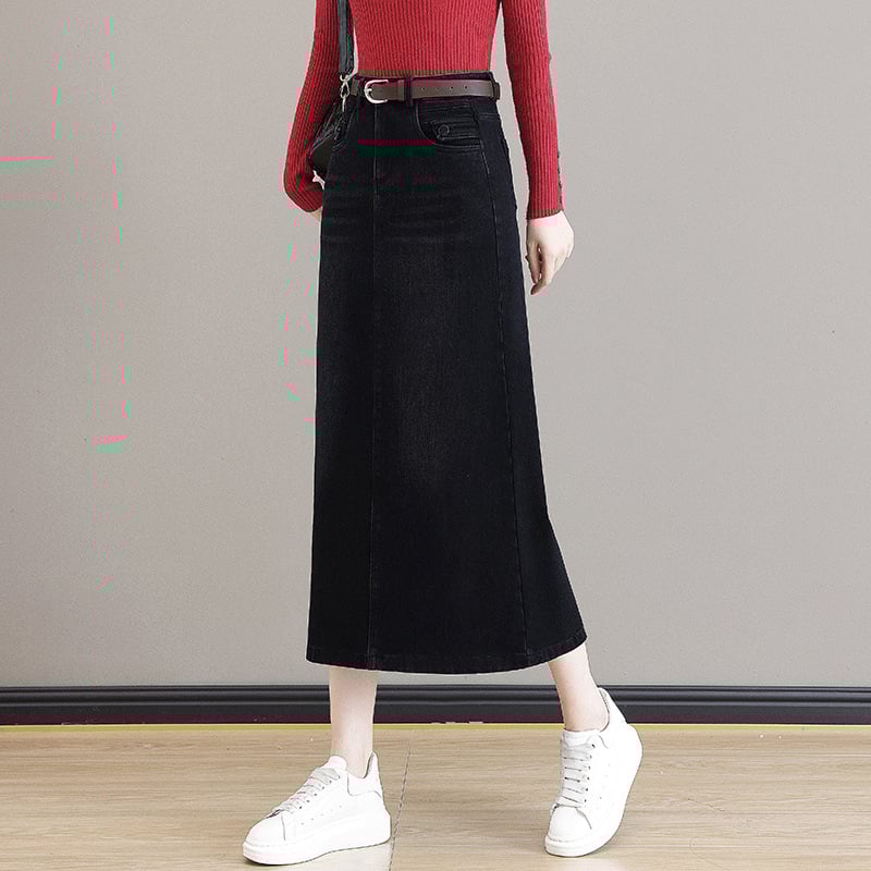 Γυναικεία φούστα τζιν μίντι με επένδυση φλίς, υψηλή μέση, Α-γραμμή, μεσαίου μήκους, μπροστινό σχίσιμο