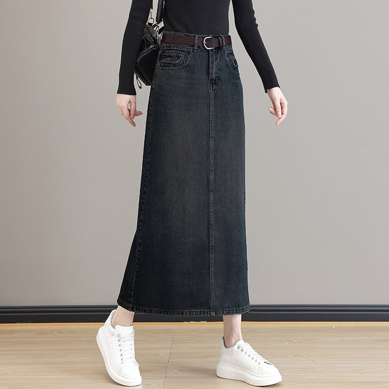 Γυναικεία φούστα τζιν μίντι με επένδυση φλίς, υψηλή μέση, Α-γραμμή, μεσαίου μήκους, μπροστινό σχίσιμο