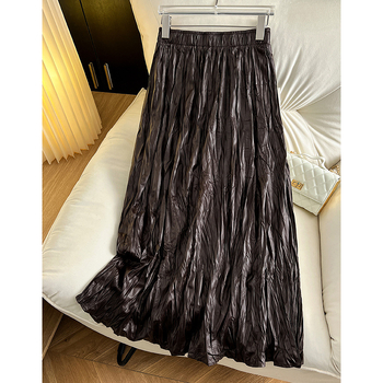 Ancora φούστα PU δέρμα σε γραμμή Α, midi μήκος, υψηλή μέση, ασύμμετρες πιέτες, μπλέντ σπάντεξ