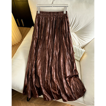 Ancora φούστα PU δέρμα σε γραμμή Α, midi μήκος, υψηλή μέση, ασύμμετρες πιέτες, μπλέντ σπάντεξ