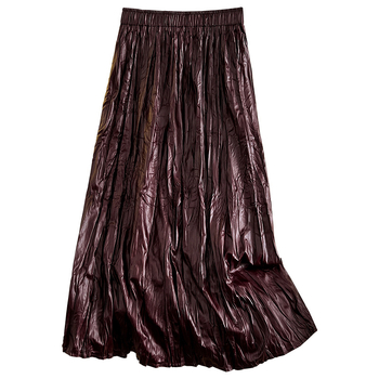 Ancora φούστα PU δέρμα σε γραμμή Α, midi μήκος, υψηλή μέση, ασύμμετρες πιέτες, μπλέντ σπάντεξ