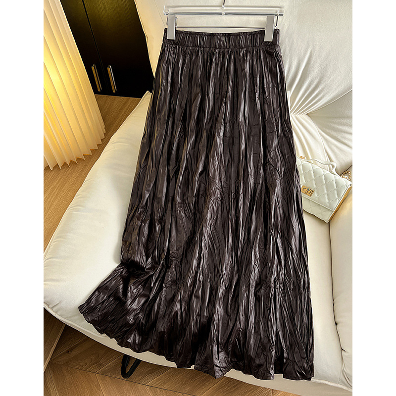 Ancora φούστα PU δέρμα σε γραμμή Α, midi μήκος, υψηλή μέση, ασύμμετρες πιέτες, μπλέντ σπάντεξ