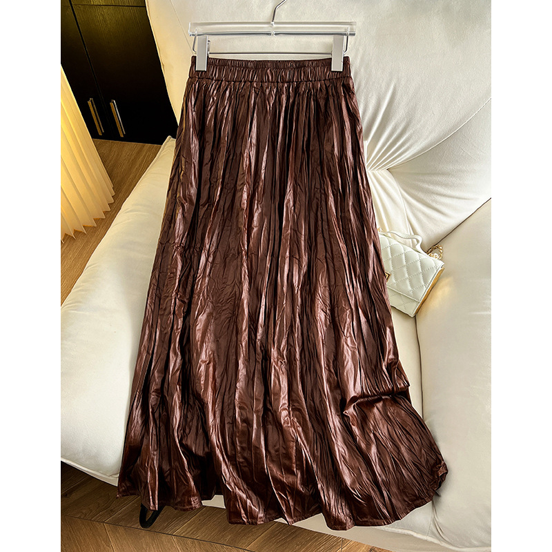 Ancora φούστα PU δέρμα σε γραμμή Α, midi μήκος, υψηλή μέση, ασύμμετρες πιέτες, μπλέντ σπάντεξ