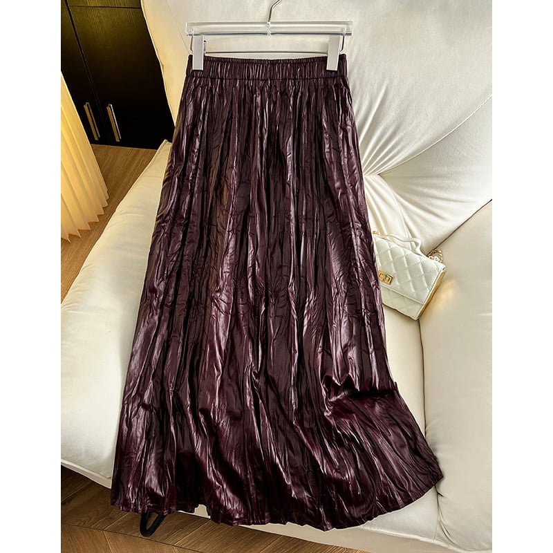 Ancora φούστα PU δέρμα σε γραμμή Α, midi μήκος, υψηλή μέση, ασύμμετρες πιέτες, μπλέντ σπάντεξ