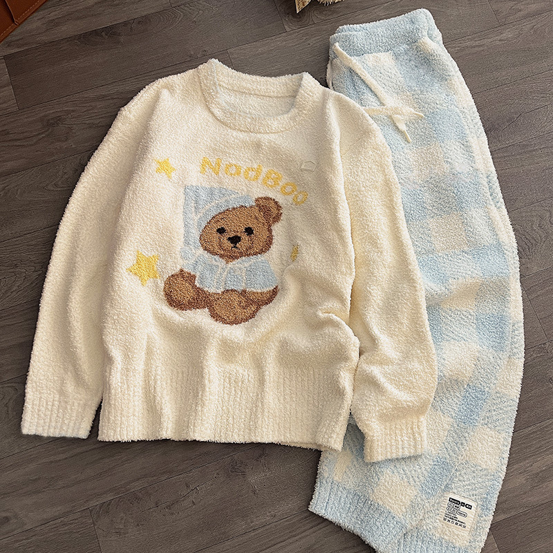 Női pizsama koreai stílusban, 100% pamut, gallér, hosszú ujjú, hosszú nadrág