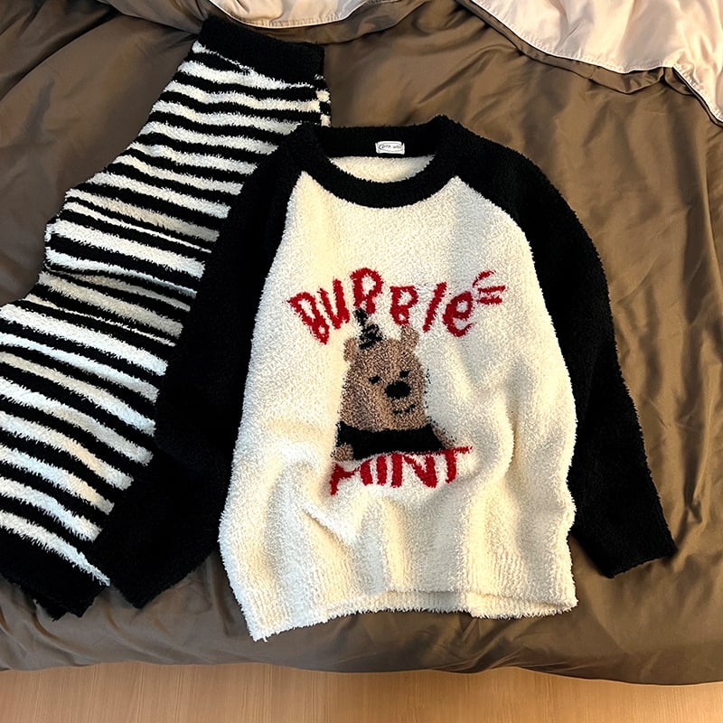 Női pizsama koreai stílusban, 100% pamut, gallér, hosszú ujjú, hosszú nadrág