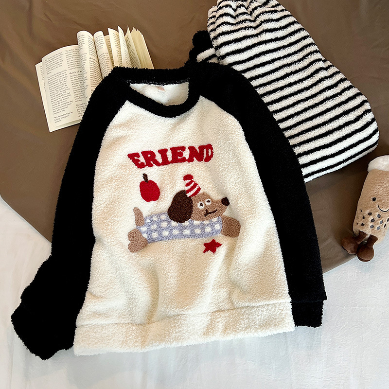 Női pizsama koreai stílusban, 100% pamut, gallér, hosszú ujjú, hosszú nadrág