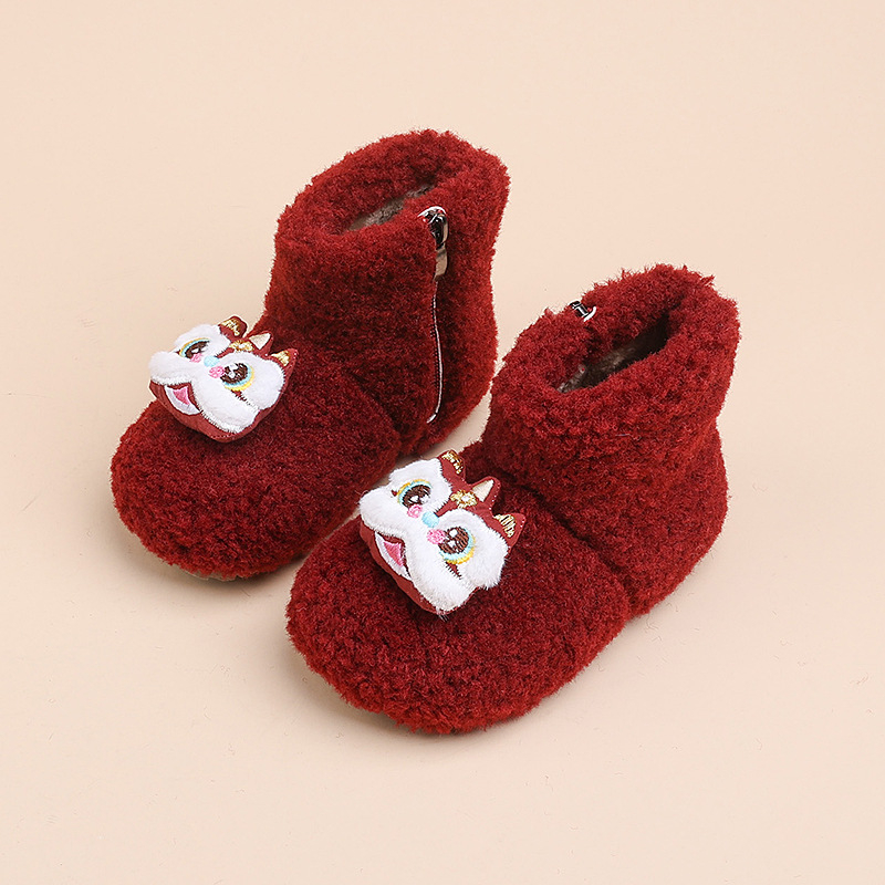 Ghete de iarnă pentru copii, broderie desen animat, partea superioară din bumbac, talpă din cauciuc antiderapant, înălțime medie, rezistente la frig