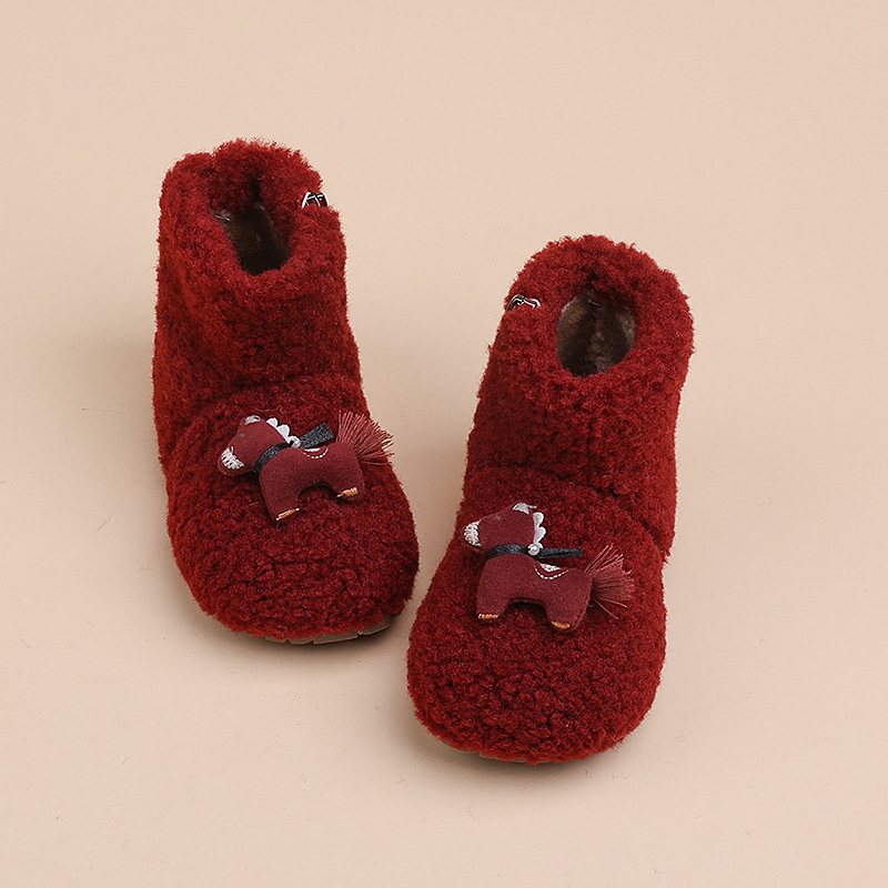 Ghete de iarnă pentru copii, broderie desen animat, partea superioară din bumbac, talpă din cauciuc antiderapant, înălțime medie, rezistente la frig