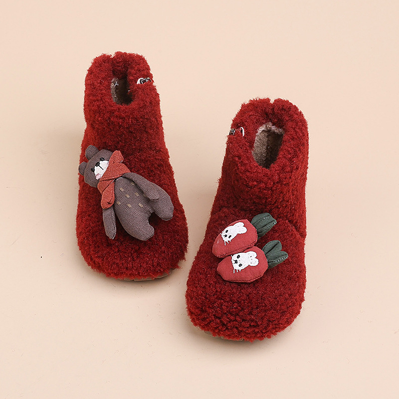 Ghete de iarnă pentru copii, broderie desen animat, partea superioară din bumbac, talpă din cauciuc antiderapant, înălțime medie, rezistente la frig