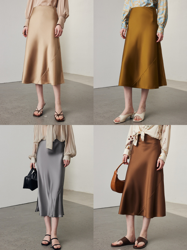 Suknja A-linije od svile Mulberry, kvilirana, srednja duljina, poslovni stil