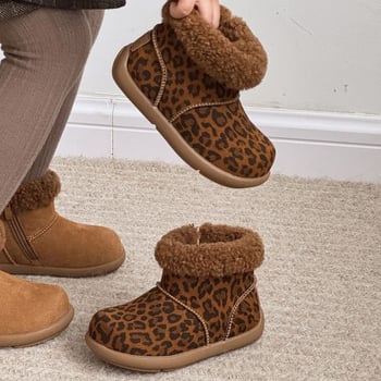 Gyerekeknek készült leopard mintás hócsizma fleece béléssel, velúr felsőrész tehénbőrből, gumírozott talppal, 4–16 éveseknek