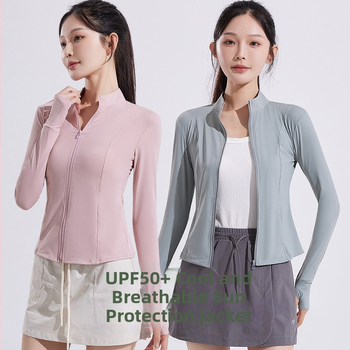 Дамско слънцезащитно йога яке – UV защита, основен материал нейлон 80–90%, Спандекс под 30%, удължени ръкави, стил елегантен вятър