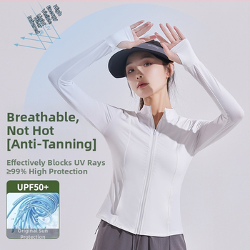 Дамско слънцезащитно йога яке – UV защита, основен материал нейлон 80–90%, Спандекс под 30%, удължени ръкави, стил елегантен вятър
