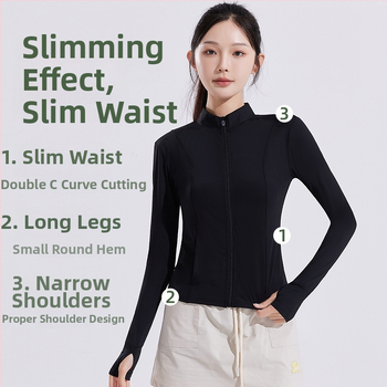 Дамско слънцезащитно йога яке – UV защита, основен материал нейлон 80–90%, Спандекс под 30%, удължени ръкави, стил елегантен вятър