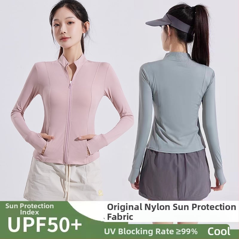 Дамско слънцезащитно йога яке – UV защита, основен материал нейлон 80–90%, Спандекс под 30%, удължени ръкави, стил елегантен вятър