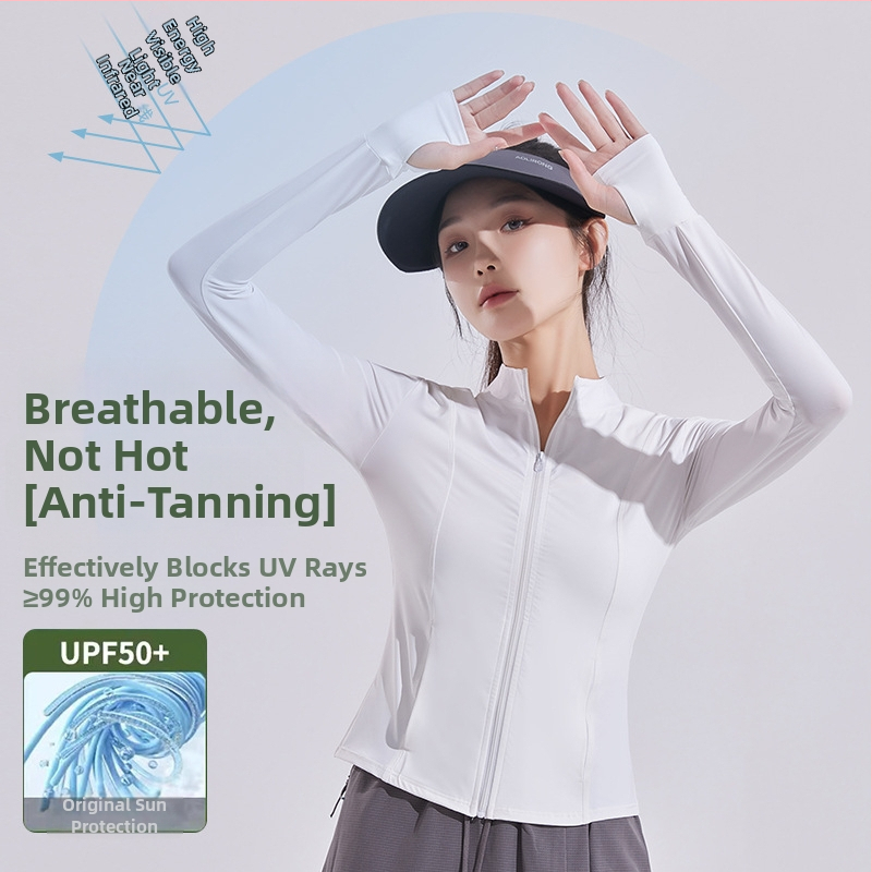 Дамско слънцезащитно йога яке – UV защита, основен материал нейлон 80–90%, Спандекс под 30%, удължени ръкави, стил елегантен вятър