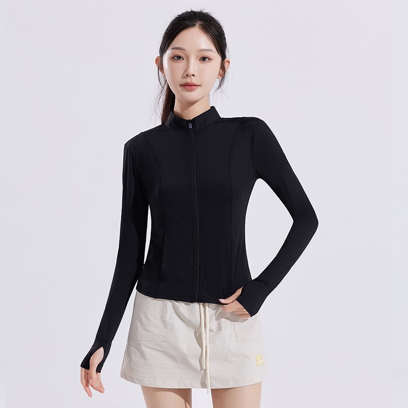 Дамско слънцезащитно йога яке – UV защита, основен материал нейлон 80–90%, Спандекс под 30%, удължени ръкави, стил елегантен вятър