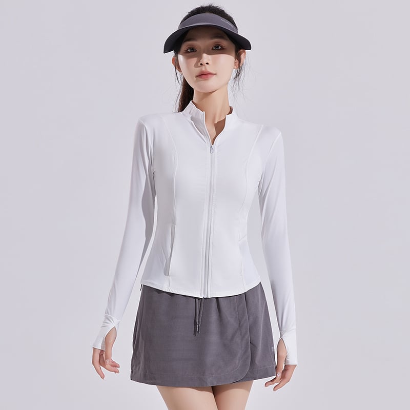 Дамско слънцезащитно йога яке – UV защита, основен материал нейлон 80–90%, Спандекс под 30%, удължени ръкави, стил елегантен вятър