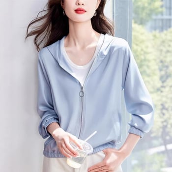 Дамска качулка за защита от слънцето с цип, полиестер, Cool Silk, UPF50+, дълги ръкави