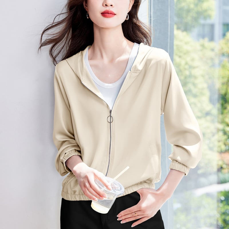 Дамска качулка за защита от слънцето с цип, полиестер, Cool Silk, UPF50+, дълги ръкави