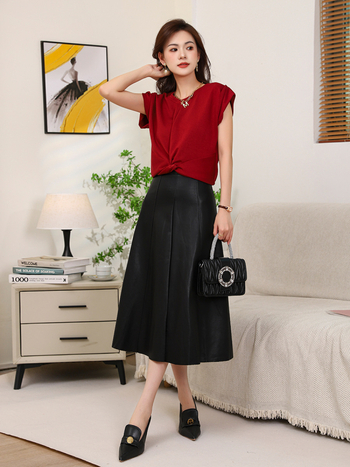 Φούστα PU δέρμα με Α-γραμμή, ψηλόμεση, midi μήκος, πάνελ ραφές, φθινοπωρινή-χειμερινή