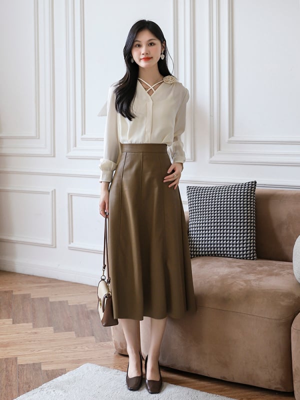 Φούστα PU δέρμα με Α-γραμμή, ψηλόμεση, midi μήκος, πάνελ ραφές, φθινοπωρινή-χειμερινή