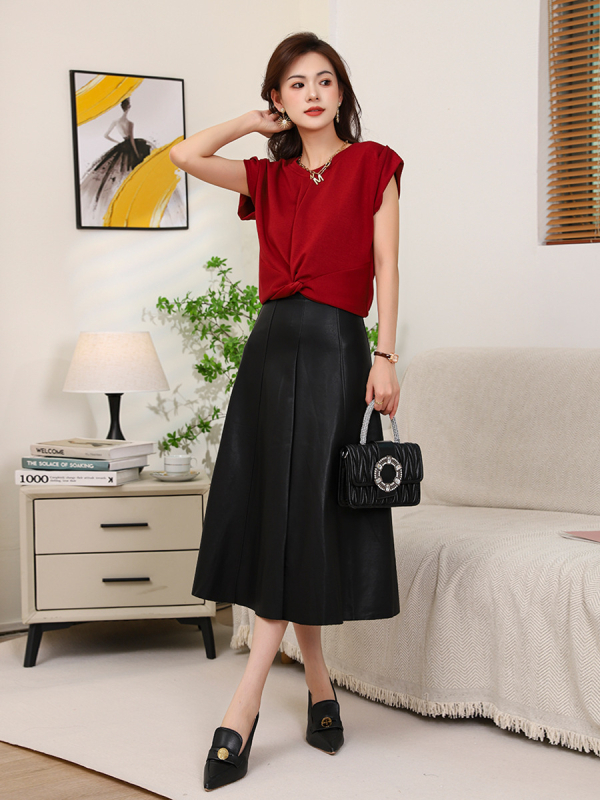 Φούστα PU δέρμα με Α-γραμμή, ψηλόμεση, midi μήκος, πάνελ ραφές, φθινοπωρινή-χειμερινή