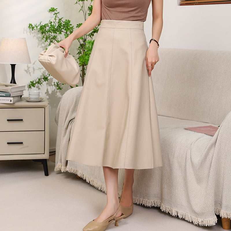 Φούστα PU δέρμα με Α-γραμμή, ψηλόμεση, midi μήκος, πάνελ ραφές, φθινοπωρινή-χειμερινή