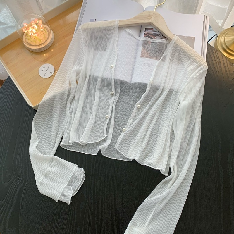 Полиестеров кардиган за защита от слънцето, летен лек външен слой с тънки презрамки, дълги ръкави, средна дължина, UPF30+