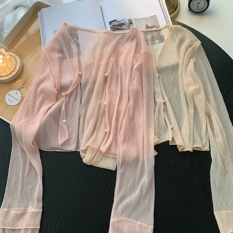 Полиестеров кардиган за защита от слънцето, летен лек външен слой с тънки презрамки, дълги ръкави, средна дължина, UPF30+