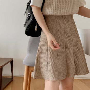 Φούστα Α-γραμμής κοντή πλεκτή με υψηλή μέση και πιέτες, φθινοπωρινό-χειμερινό 2024