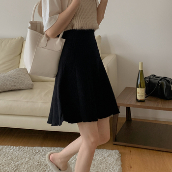 Φούστα Α-γραμμής κοντή πλεκτή με υψηλή μέση και πιέτες, φθινοπωρινό-χειμερινό 2024