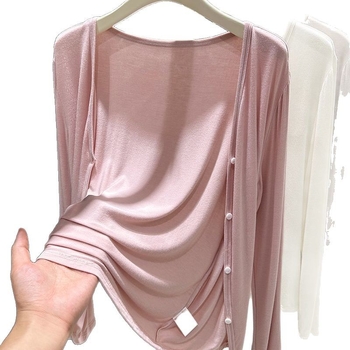 Дамски модален кардиган с дълги ръкави, V-образно деколте, тънък, права кройка, еднобортно закопчаване, солиден модел, Spring 2025