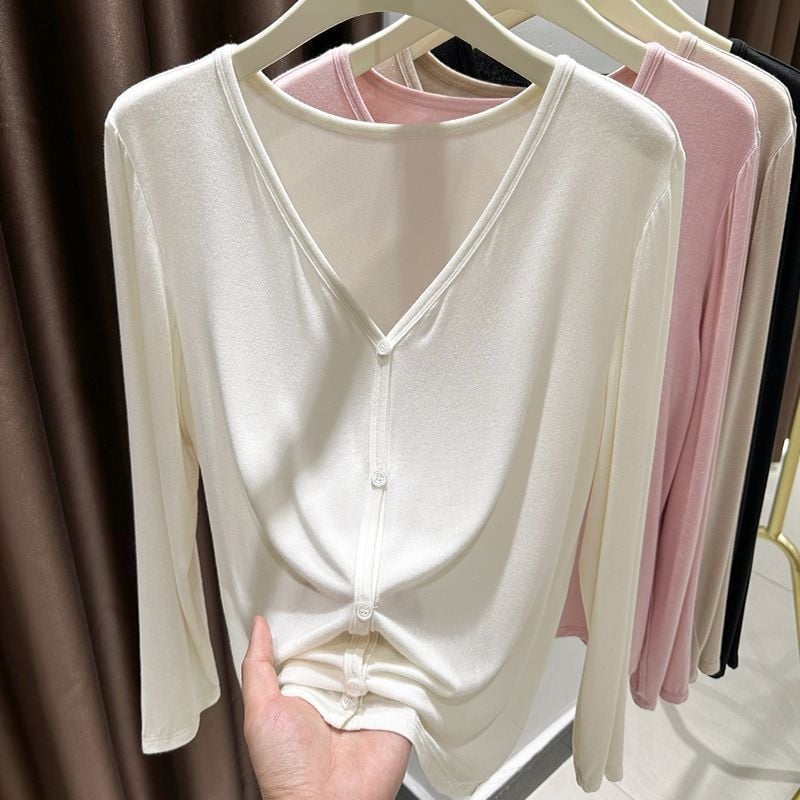 Дамски модален кардиган с дълги ръкави, V-образно деколте, тънък, права кройка, еднобортно закопчаване, солиден модел, Spring 2025