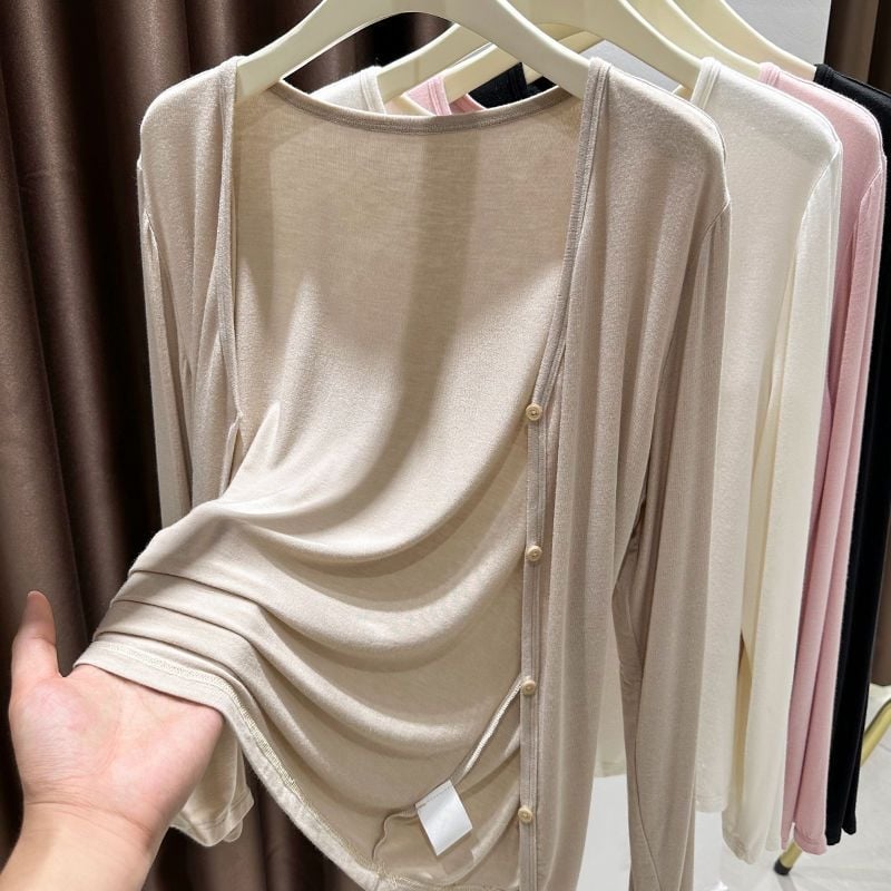 Дамски модален кардиган с дълги ръкави, V-образно деколте, тънък, права кройка, еднобортно закопчаване, солиден модел, Spring 2025
