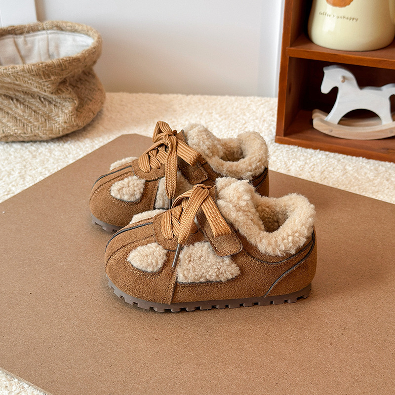 Pantofi de iarnă pentru copii, piele sintetică, căptuți cu fleece, închidere Velcro, talpă din cauciuc groasă, unisex, stil coreean, 1–12 ani, iarna 2025