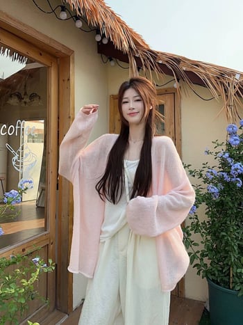 Свободен полиестерен плетен пуловер-кардиган с lantern ръкави, дълги ръкави, тънък плат, пуловер стил, лято 2025