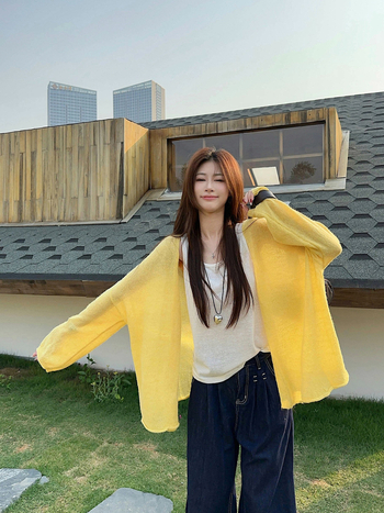 Свободен полиестерен плетен пуловер-кардиган с lantern ръкави, дълги ръкави, тънък плат, пуловер стил, лято 2025