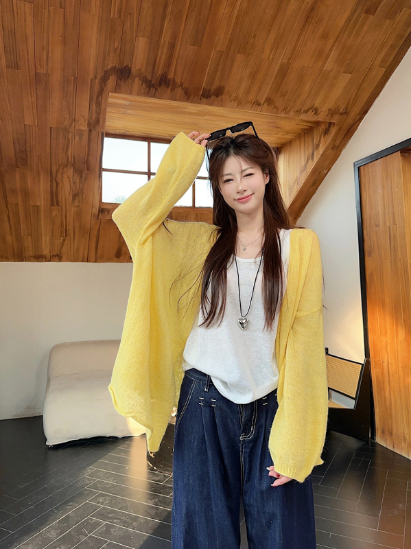 Свободен полиестерен плетен пуловер-кардиган с lantern ръкави, дълги ръкави, тънък плат, пуловер стил, лято 2025