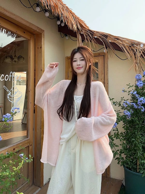 Свободен полиестерен плетен пуловер-кардиган с lantern ръкави, дълги ръкави, тънък плат, пуловер стил, лято 2025