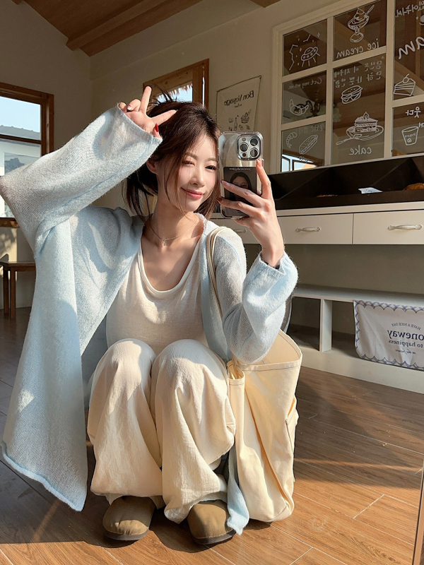 Свободен полиестерен плетен пуловер-кардиган с lantern ръкави, дълги ръкави, тънък плат, пуловер стил, лято 2025