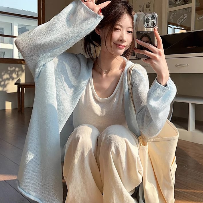 Свободен полиестерен плетен пуловер-кардиган с lantern ръкави, дълги ръкави, тънък плат, пуловер стил, лято 2025