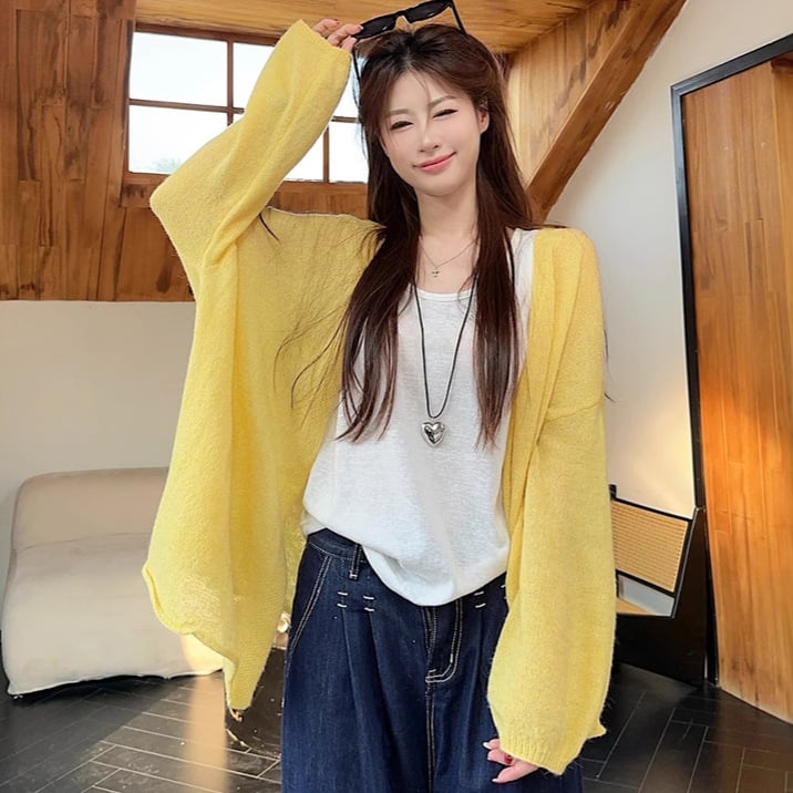 Свободен полиестерен плетен пуловер-кардиган с lantern ръкави, дълги ръкави, тънък плат, пуловер стил, лято 2025