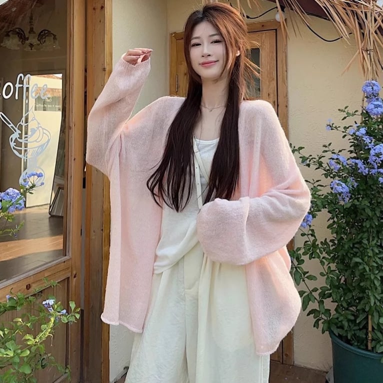 Свободен полиестерен плетен пуловер-кардиган с lantern ръкави, дълги ръкави, тънък плат, пуловер стил, лято 2025