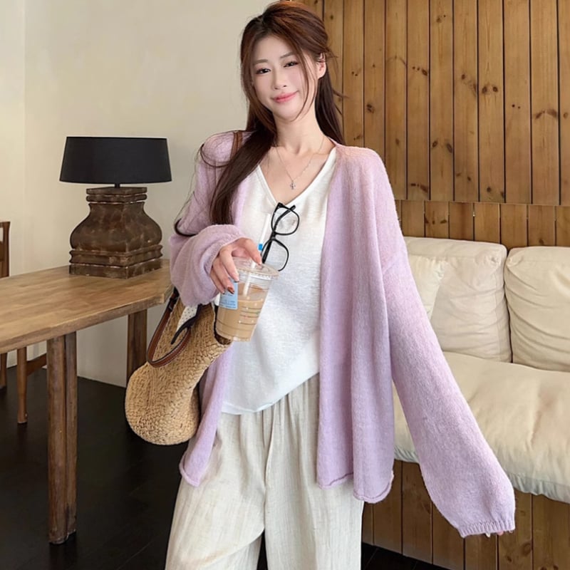 Свободен полиестерен плетен пуловер-кардиган с lantern ръкави, дълги ръкави, тънък плат, пуловер стил, лято 2025